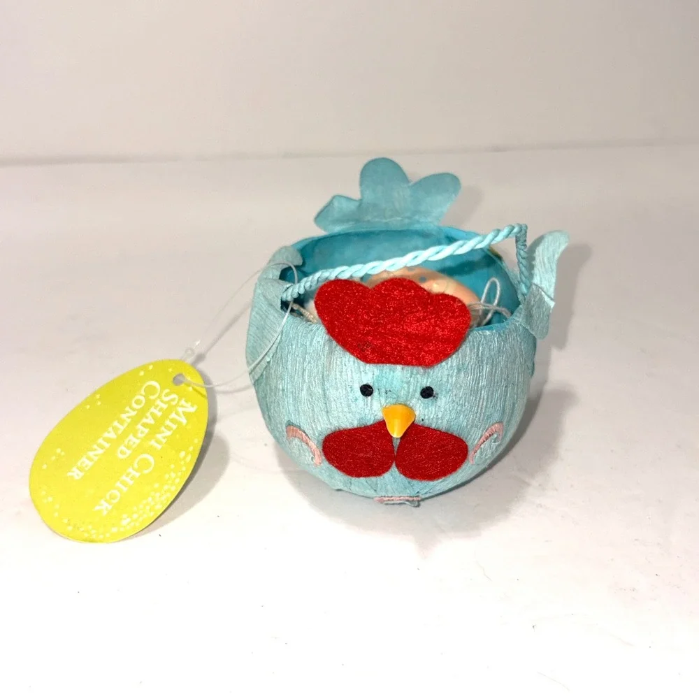 World Market Easter Blue Chicken Crepe Paper Basket & 14 Wooden Egg Ornaments